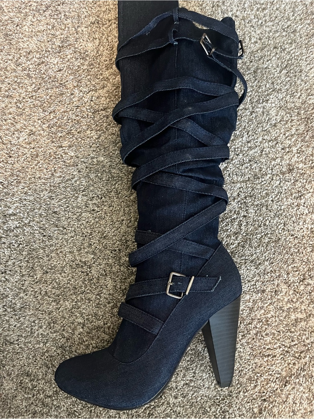 Fahrenheit denim Wrap-Strap Stacked Heel Knee Boot